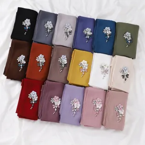 Solid color chiffon scarf featuring exquisite rhinestone flower brooch, multi-color hijab set.