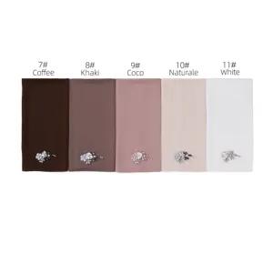 Solid color chiffon hijab scarf with crystal rhinestone flower brooch elegant headwear