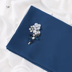 Solid blue chiffon scarf with exquisite rhinestones handmade flower dragonfly design.