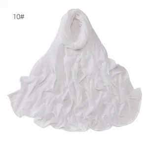Close up detail view of a soft plain white stretch jersey hijab scarf for women.