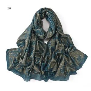 Breathable pleated gold foil leaf cotton linen long scarf for women, elegant sun protection shawl.