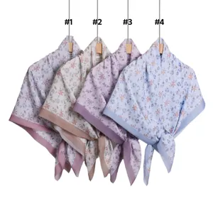 Floral print square scarf with wave edge, pastel daisy design, versatile fashion hijab shawl.