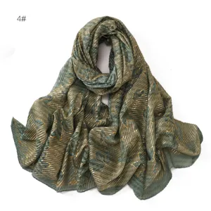 Breathable soft pleated gold leaf stripe cotton linen long scarf women shawl sunscreen wrap