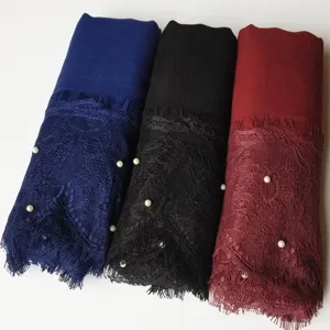 Kant sjaal met parels, katoen linnen effen hoofddoek, elegante vrouwen mode omslagdoeken sjaals.