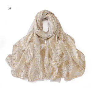 Gold foil leaf print pleated long scarf women lightweight sun protection shawl wrap hijab