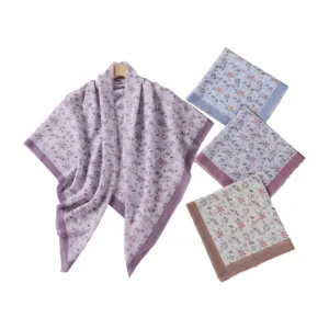 Women Pastoral Daisy Floral Square Scarf Polyester Laser Cut Wave Edge Head Scarf Elegant Fashion Neck Scarf Shawl