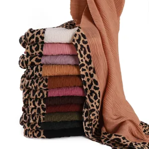 Mode Femmes Longue Écharpe Automne Hiver Couleur Unis Bords Imprimé Léopard Plissé Doux Respirant Châle Foulard