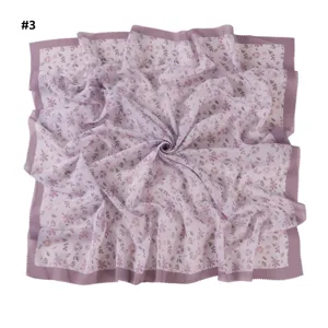 Floral daisy print square scarf with laser cut wavy edge for women pastoral style head wrap