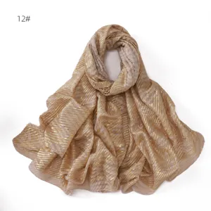 Gold foil printed leaf pattern pleated cotton linen long scarf, elegant sun protection shawl.