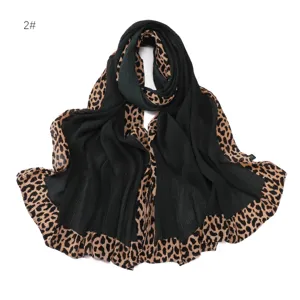 Écharpe longue plissée à imprimé léopard, foulard hijab doux et respirant pour femme.