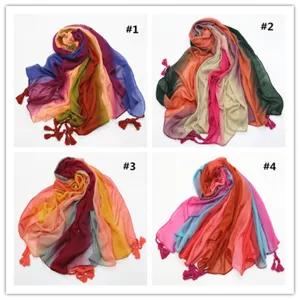 Soft gradient rainbow cotton linen scarf with tassel fringe details for women fashion daily wear.