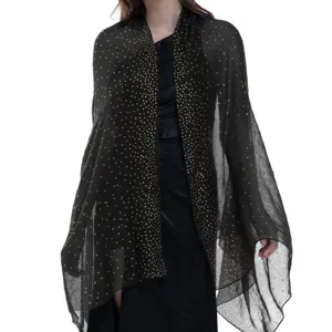 Black starry rhinestone voile shawl, lightweight breathable gold-sprinkled long scarf cape.