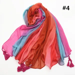 Detailed view of the colorful gradient scarf showcasing soft texture and delicate fringe tassels.