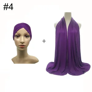 Modal stretch turban cap and plus size scarf set, front cross Muslim hijab head wrap purple.