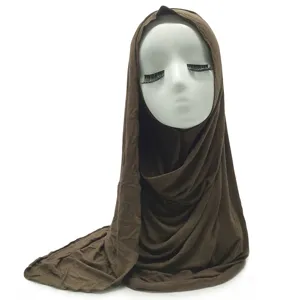 Soft brown cotton jersey hijab detail, breathable everyday Muslim headscarf for women.