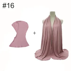 Detailed showcase of the soft dusty pink modal hijab inner cap and long scarf two-piece set.