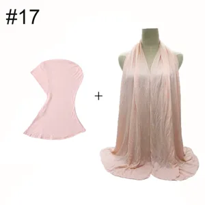 Women modal elastic inner cap and long scarf set soft jersey pink headwear combination.