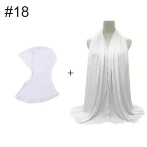 White modal stretch inner cap and long scarf set for women, soft muslim hijab combination.