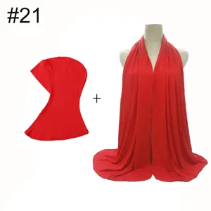 Red modal elastic long inner cap and jersey scarf set, soft women cotton accessory detail.
