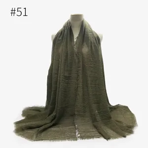 Sciarpa donna verde oliva stropicciata con frange foulard TR cotone leggero hijab
