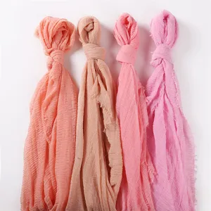 Women's Soft Solid Color TR Cotton Wrinkled Scarf Breathable Tassel Head Wrap Shawl Casual Daily Neckwear