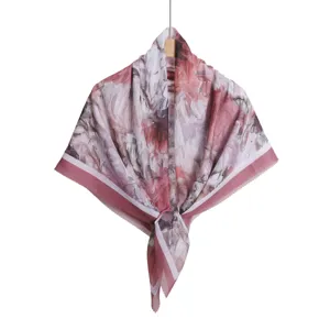 Large artistic oil painting floral print square scarf with elegant scalloped edges for women.