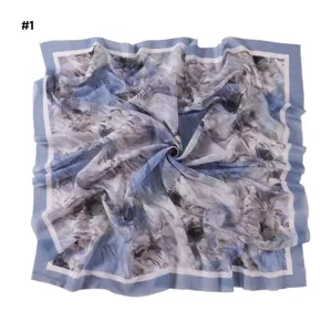 Artistic oil painting floral print square scarf with elegant wavy edge and blue grey tone.