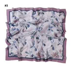 Large floral square scarf with wavy cut edge and elegant purple border for versatile styling.