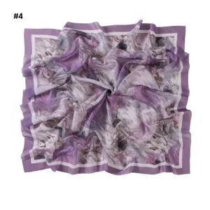 Elegant purple floral square scarf with artistic oil painting print and wavy edge for women.