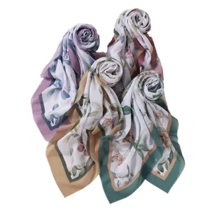 Elegant large floral print square scarf with wavy cut edge versatile women fashion hijab