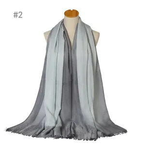 Silver gradient rayon scarf detail showing dip-dye effect and short fringe design.