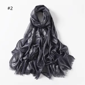 Metallic viscose scarf for women, elegant dark grey sparkle shawl with short fringe edges.