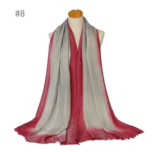 Gradient metallic silver and red women tassel scarf, soft rayon material style #8 detail view.