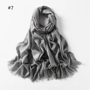 Women solid color viscose metallic shimmering scarf with short fringe, elegant silver gray style.