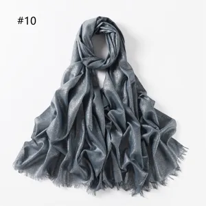 Shimmering metallic viscose scarf detail, soft texture with delicate short fringe ends.