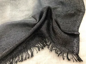 Close-up detail of women gradient metallic silver thread scarf shawl with short fringe.