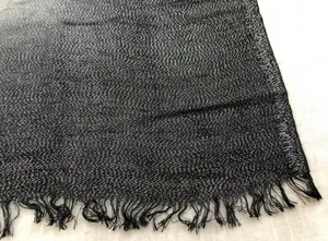 Black silver glitter scarf detail close-up showing soft textured fabric and short fringe edges.