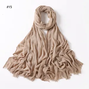 Donna stropicciata tinta unita viscosa sciarpa hijab traspirante morbida frange moda