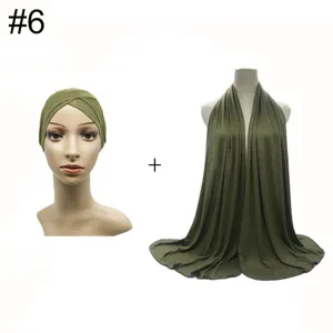 Modal stretch inner cap and large scarf set, olive green cross front hijab combo for women.
