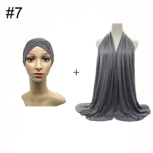 Detail view of modal stretch crisscross inner cap and oversized scarf combo in gray.