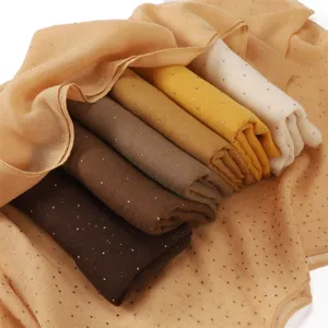 Soft breathable voile long scarf with shiny gold rhinestones, elegant gradient brown hijab wrap.