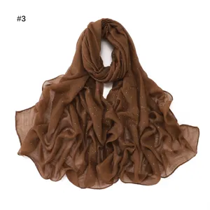 Brown starry voile scarf with shimmering rhinestones, soft breathable daily hijab.