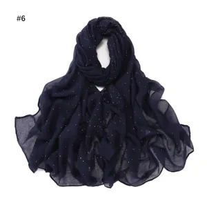 Navy blue starry foil chiffon long scarf detail showing lightweight breathable sheer fabric.