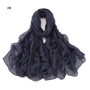Dark blue starry foil voile long scarf, soft breathable women hijab wrap shawl for daily wear.