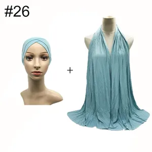 Modal stretch under-scarf and large scarf detail, close-up display, blue-gray color.