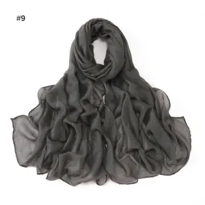 Dark grey starry hot-fix rhinestone voile long scarf, soft breathable women shawl wrap.