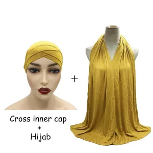 Modal Stretch Cross Front Inner Cap And Large Size Scarf Set Women Solid Color Casual Hijab Headwear Wrap