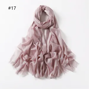 Viscose metallic shimmering pink scarf detail, soft fringe ends, elegant women shawl feature.