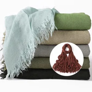 Solid color crinkle rayon scarf with fringe soft breathable lightweight fashion scarf