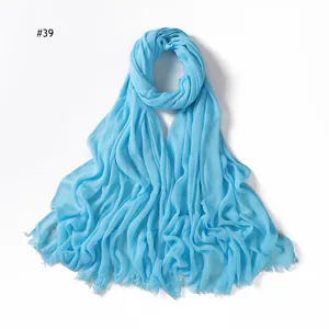 Light blue crinkle rayon solid scarf with tassel variant for women lightweight soft.